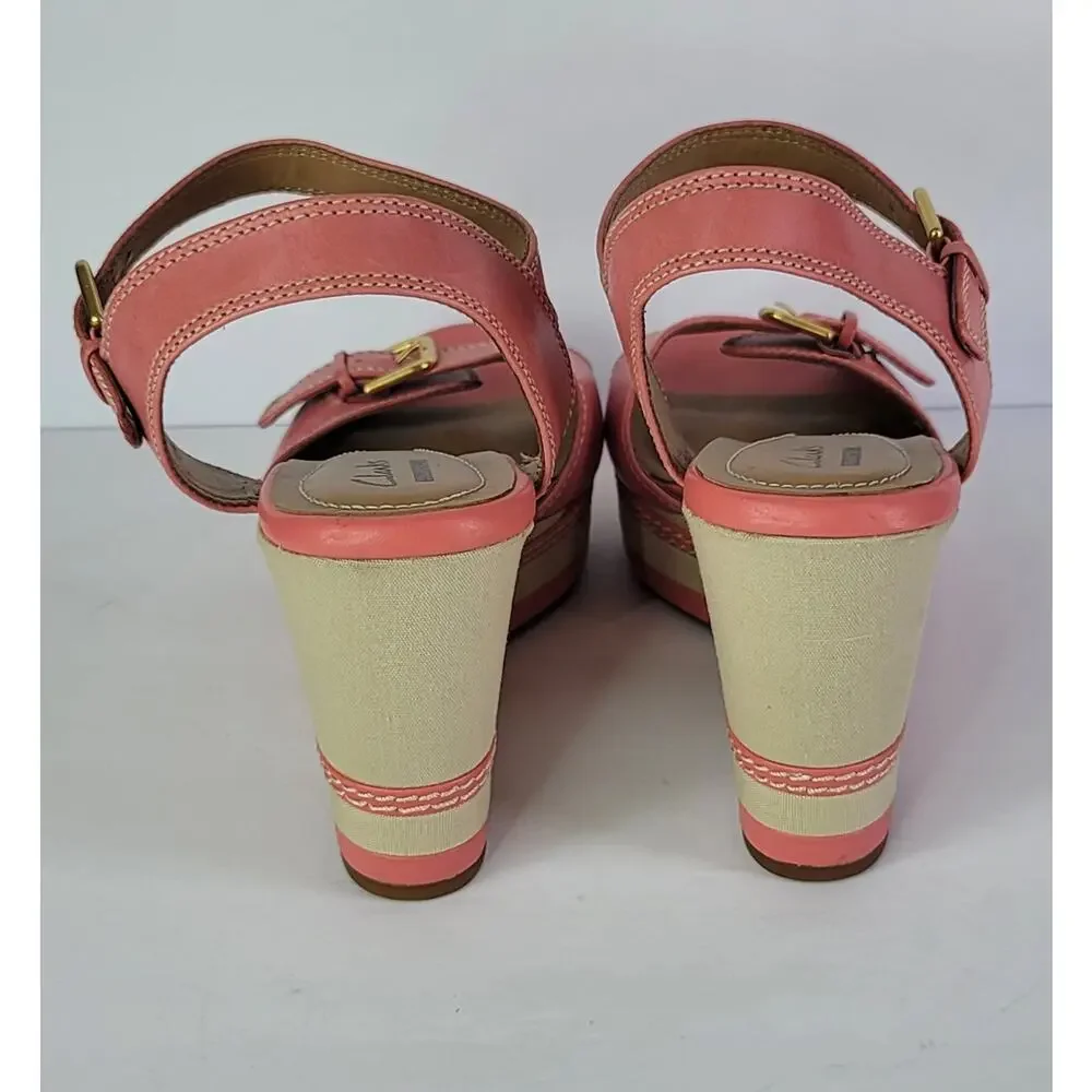 CLARKS Coral-Pink Zia Wedges Sandals with Gold Tone Buckle Women's Size 9M